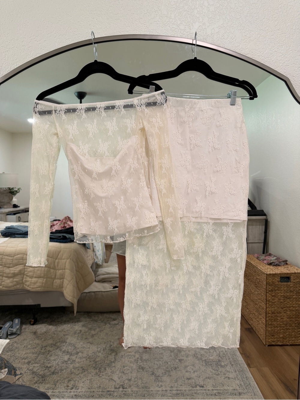 Abercrombie & Fitch Ivory Lace Off-Shoulder Top & Midi Skirt Set